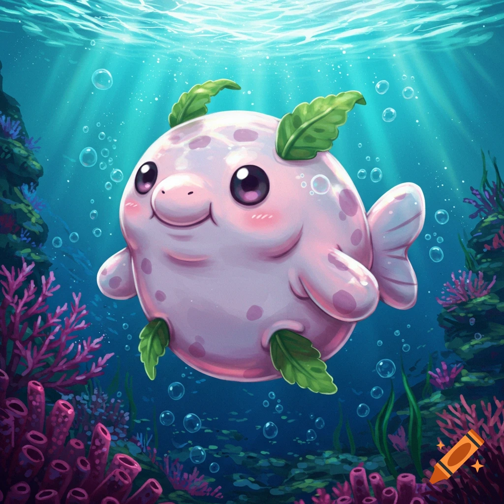 A cute, round, pink blob-like creature with purple spots and green leafy fins swims underwater among coral and bubbles.