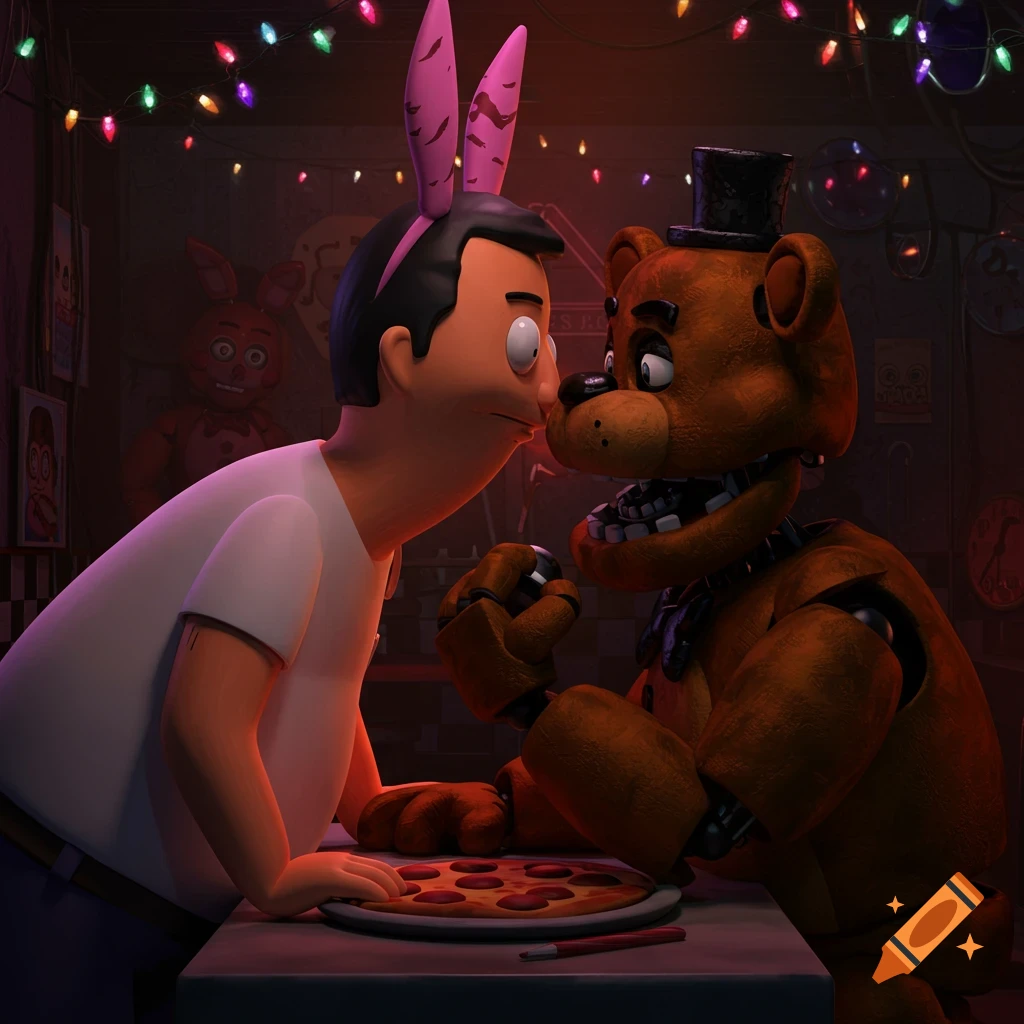 Bob Belcher wearing pink bunny ears leans towards Freddy Fazbear over a pizza, in a dimly lit pizzeria with string lights.