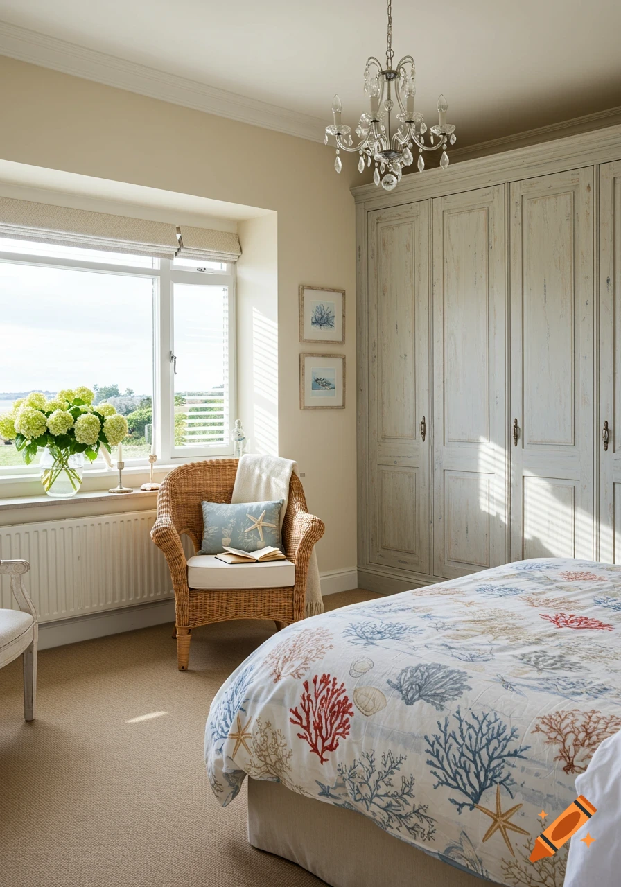 A bright coastal-style bedroom with coral and starfish bedding, a wicker chair by a window, and distressed light-colored wardrobes.