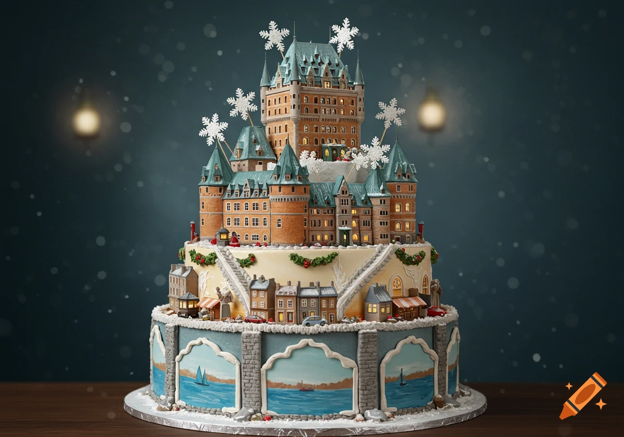 A detailed, multi-tiered cake resembling the Ch yteu Frontenac in Quebec City, adorned with miniature buildings, snowflakes, and festive decorations against a snowy blue background.
