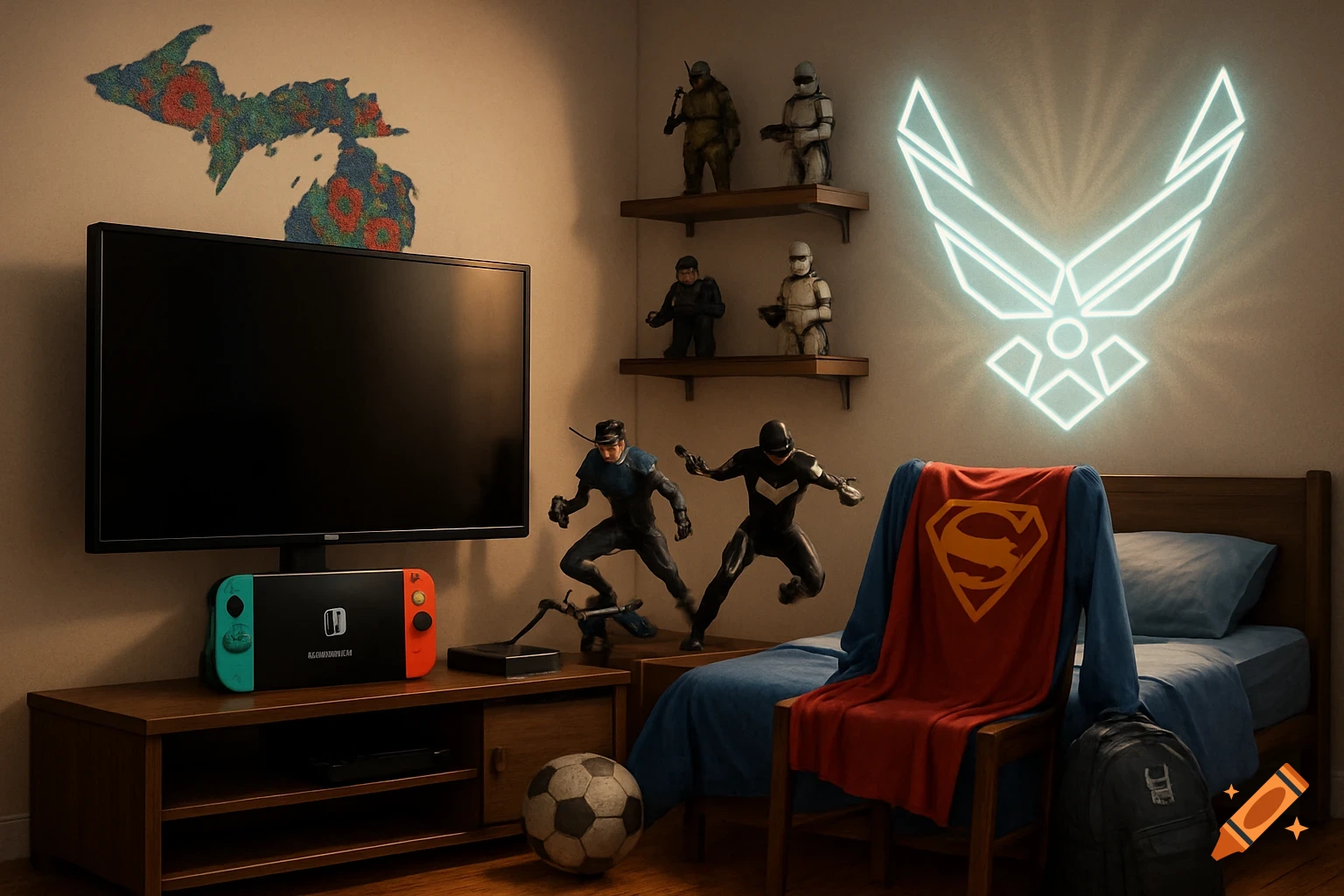 A cozy bedroom featuring a large TV with a Nintendo Switch, action figures of superheroes and Star Wars characters, a Superman blanket, a map of Michigan, a glowing US Air Force symbol, and a soccer ball.