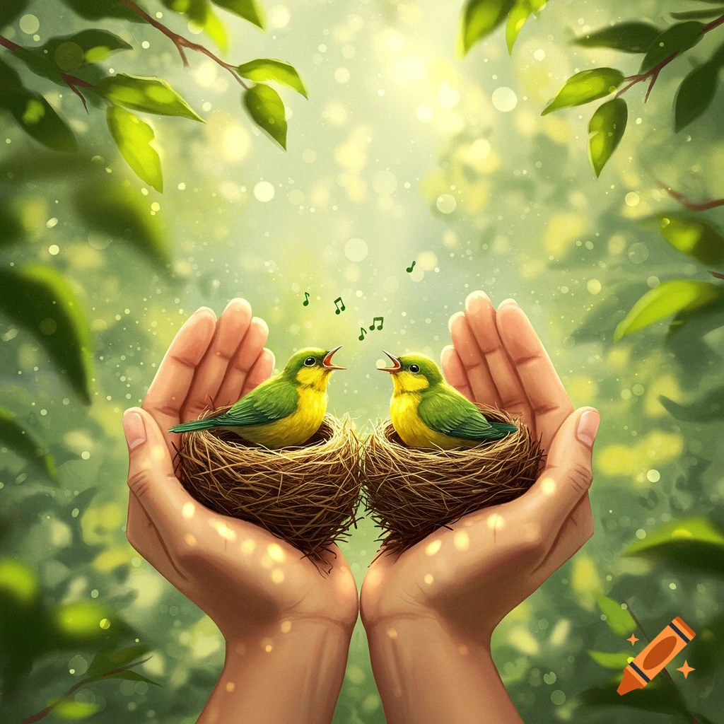 Two cupped hands hold birds singing in nests amidst green leaves and sparkling light, in an illustrative style.