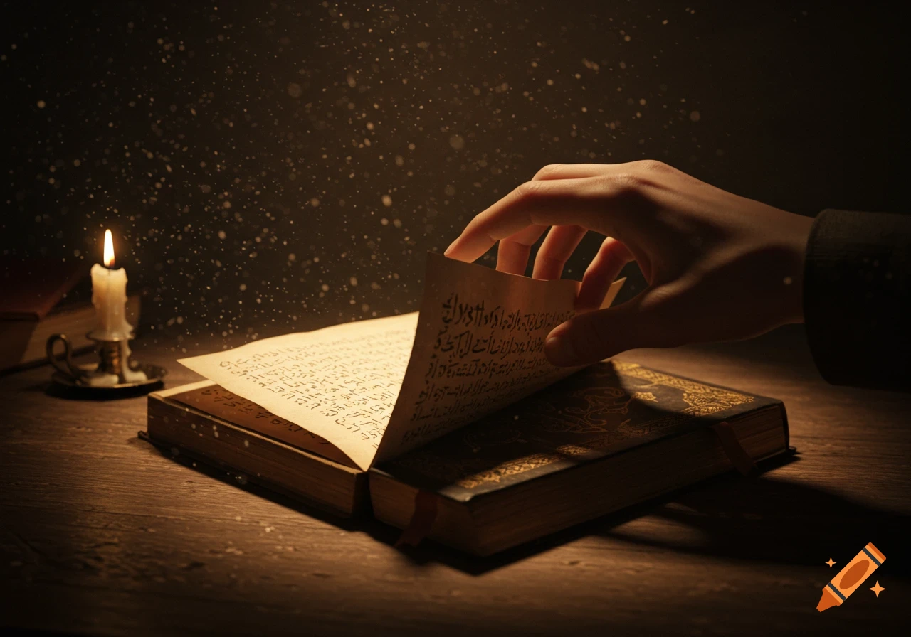 A hand turns the page of an old book on a wooden table, illuminated by a candle with dust motes in the light. Photorealistic.