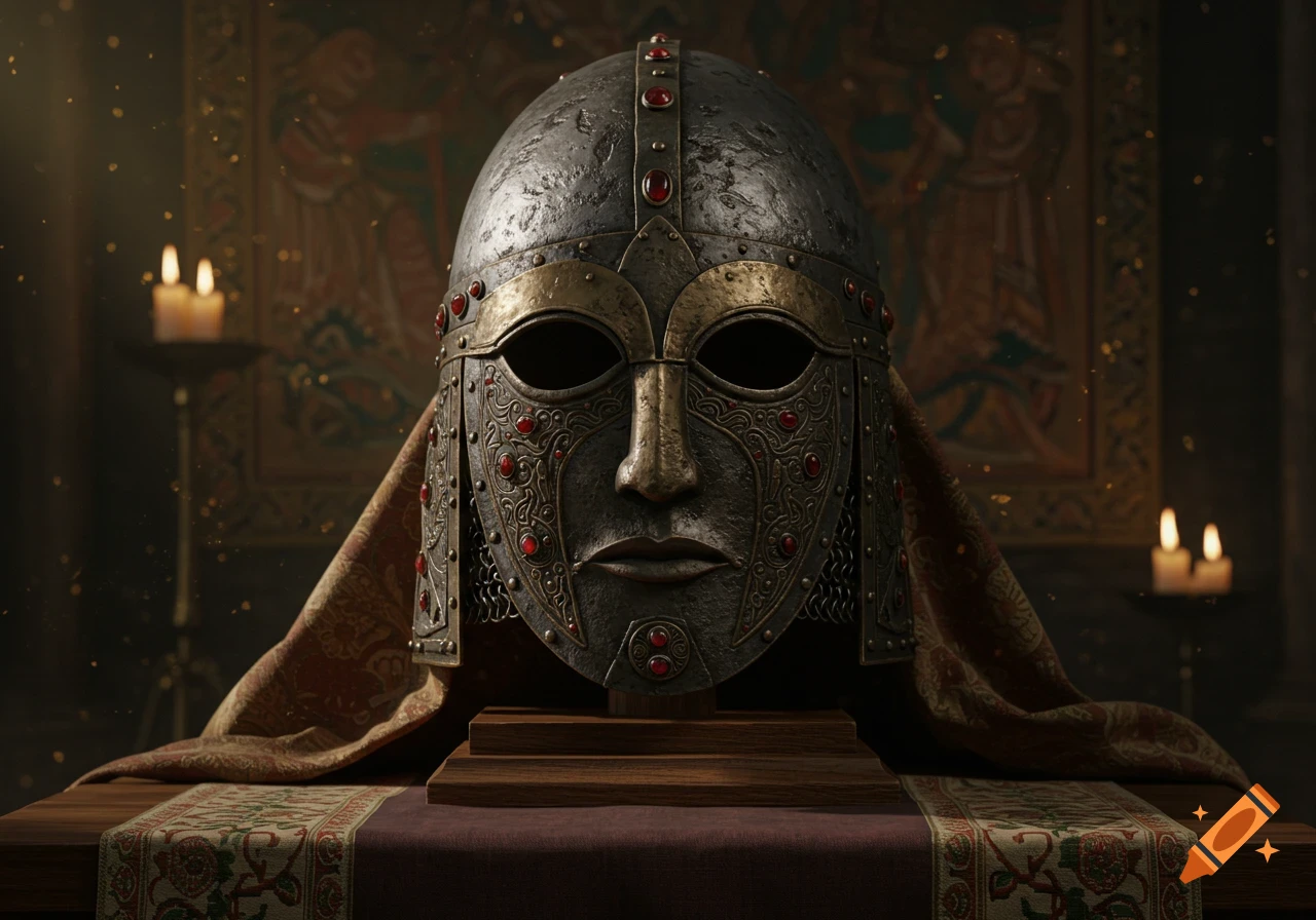 Photorealistic image of an ornate Anglo-Saxon helmet on a stand, surrounded by candles and tapestries in a dimly lit room.