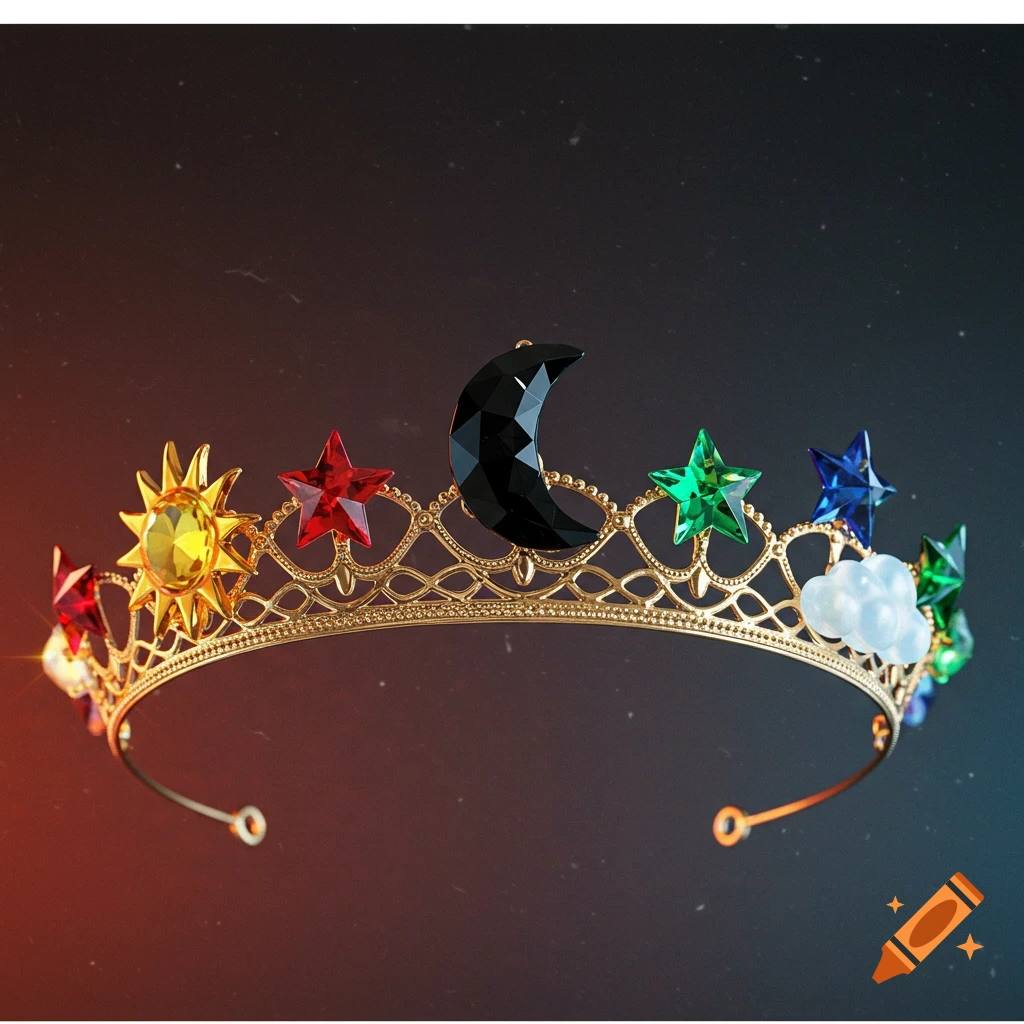 A golden crown adorned with a black faceted moon, a yellow sun, red, blue, and green stars, and a white cloud crystal.