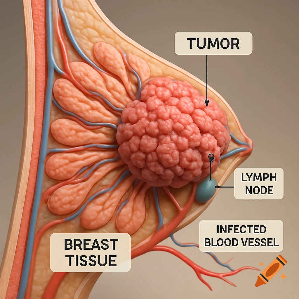 A 3D medical illustration showing a breast with a tumor, lymph node, and blood vessels labeled.
