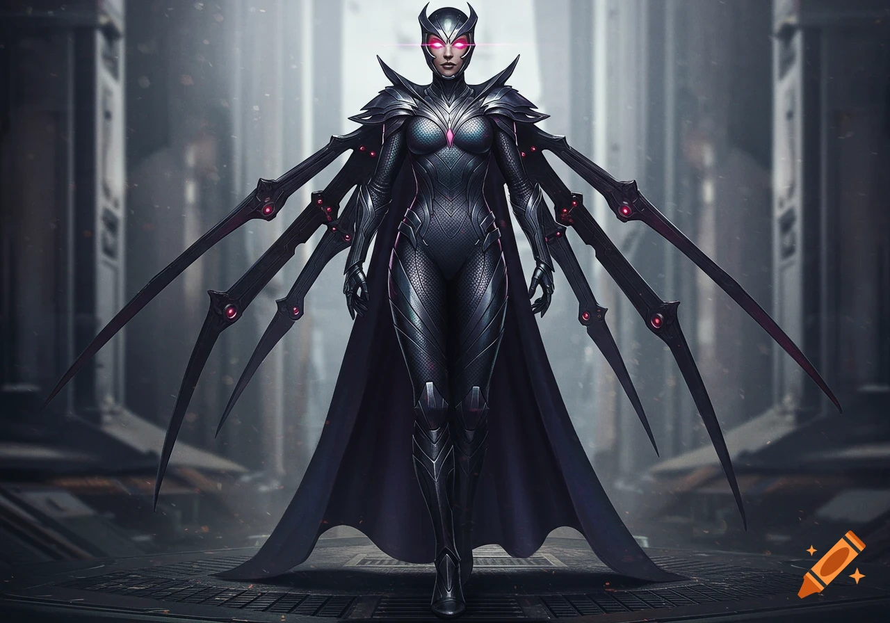 A female character in a dark, armored supervillain outfit with glowing red eyes and blade-like wings stands in a futuristic setting.