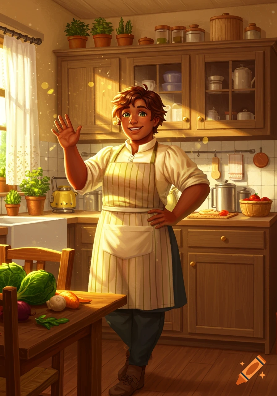 A smiling person wearing an apron waves in a sunlit kitchen filled with plants and cooking items, in an animated style.