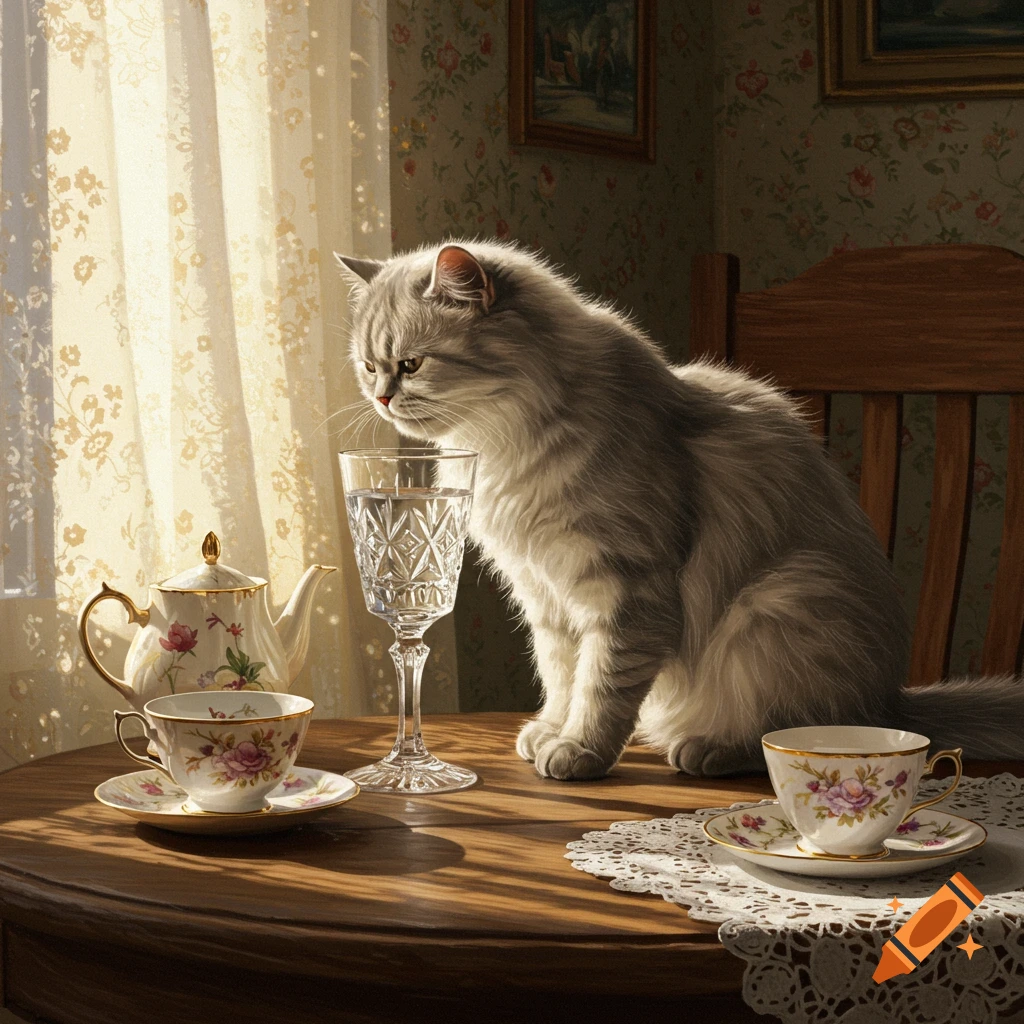 A fluffy grey cat sits on a wooden table, intently looking at a crystal glass of water. A teapot and teacups are also on the sunlit table.