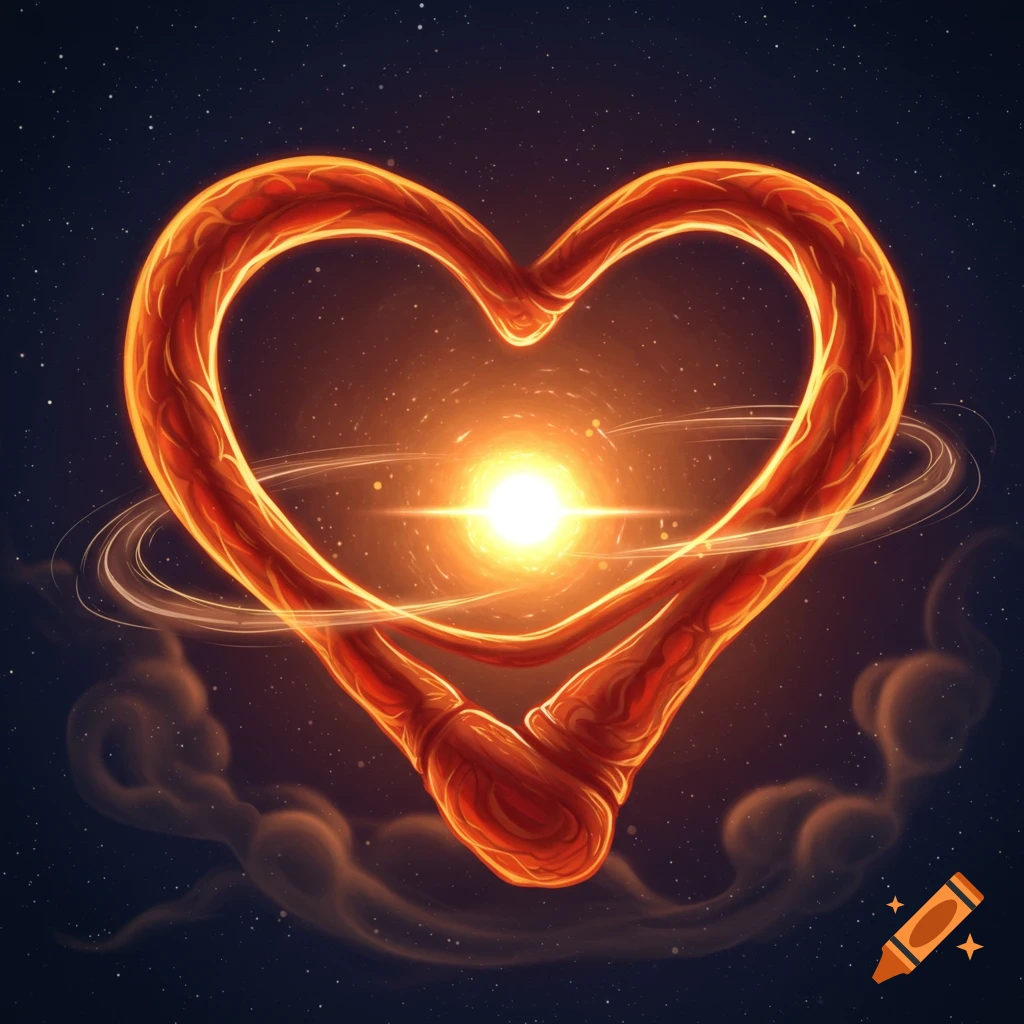 A glowing, organic heart shape in space with a bright sun at its center, surrounded by rings and stars.