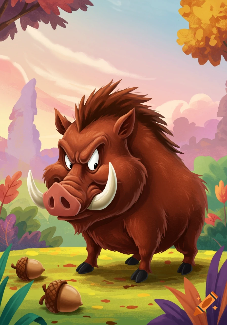 A cartoon wild boar with large tusks stands in an autumn forest clearing, with acorns on the ground.