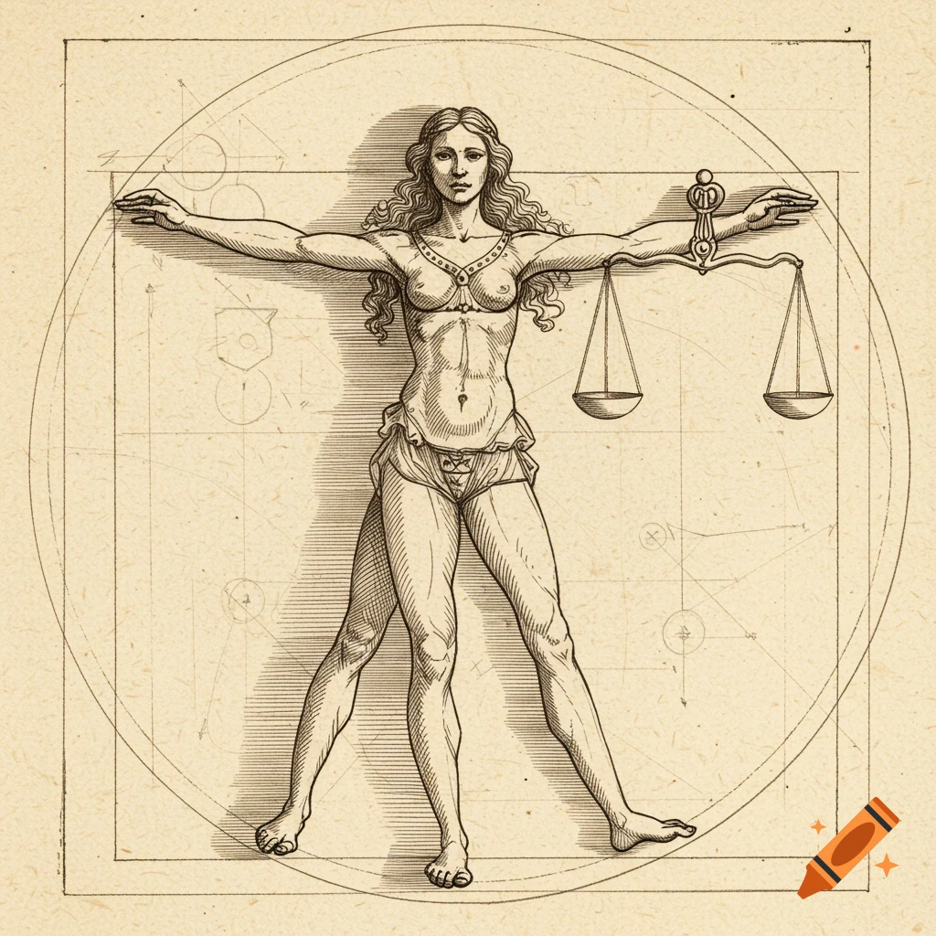 An etching-style illustration of a female Vitruvian figure with outstretched arms, holding scales of justice, centered within a circle and square on aged paper.