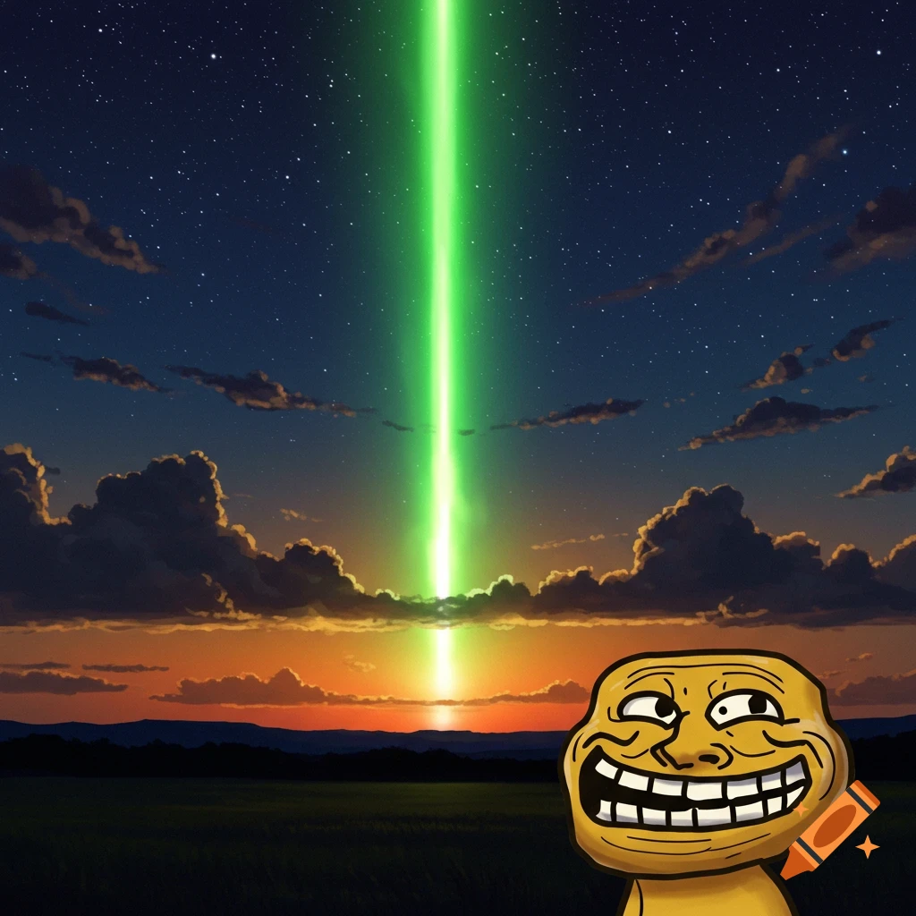 A troll face meme character looks up at a bright green laser beam shooting into a star-filled night sky over a sunset landscape.