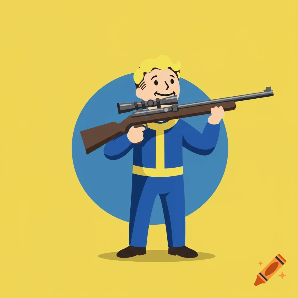 Cartoon illustration of Vault Boy from Fallout holding a scoped rifle against a yellow and blue background.