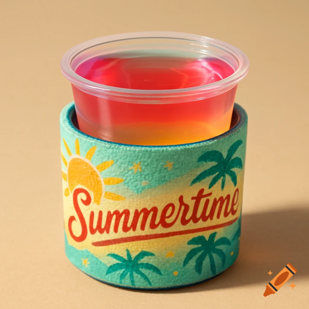 A Jell-O shot in a turquoise koozie with 'Summertime' text, a sun, and palm trees.