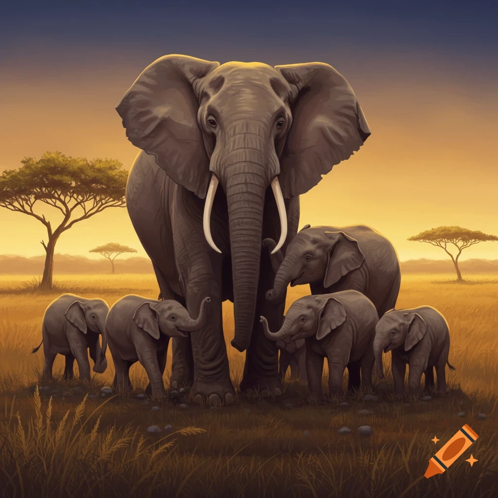 A large elephant with five calves stands in a golden savanna at sunset, with acacia trees in the background.