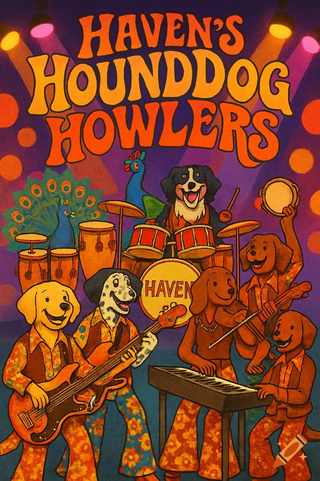 Vibrant 70s-style cartoon poster of 'Haven's HoundDog Howlers' band, anthropomorphic dogs and a peacock playing instruments.
