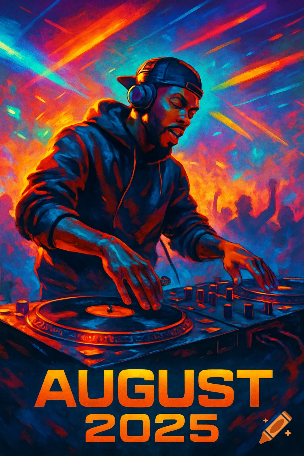 A vibrant digital art poster of a DJ playing music at turntables in a neon-lit nightclub, with 'AUGUST 2025' at the bottom.