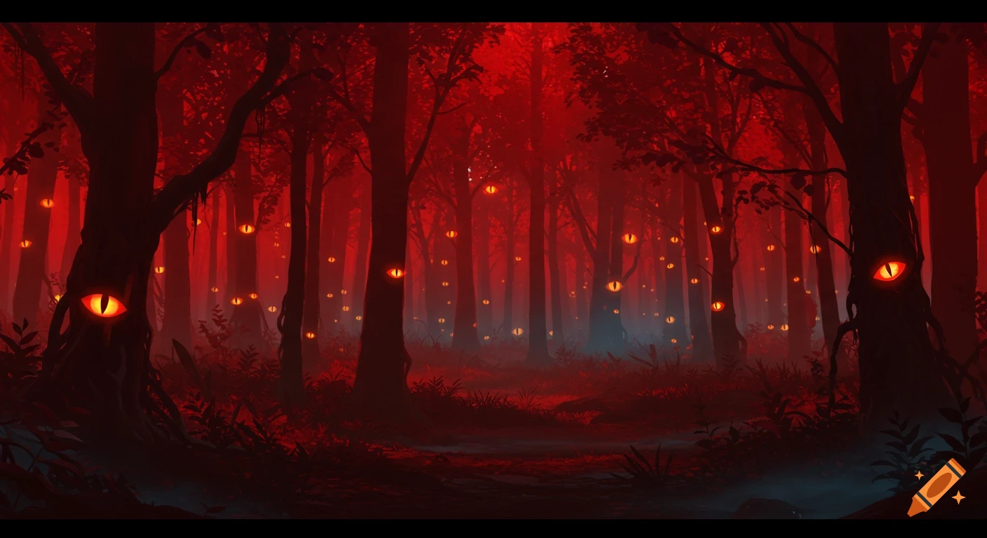 An eerie red forest with numerous glowing orange eyes peering from tree trunks and branches.