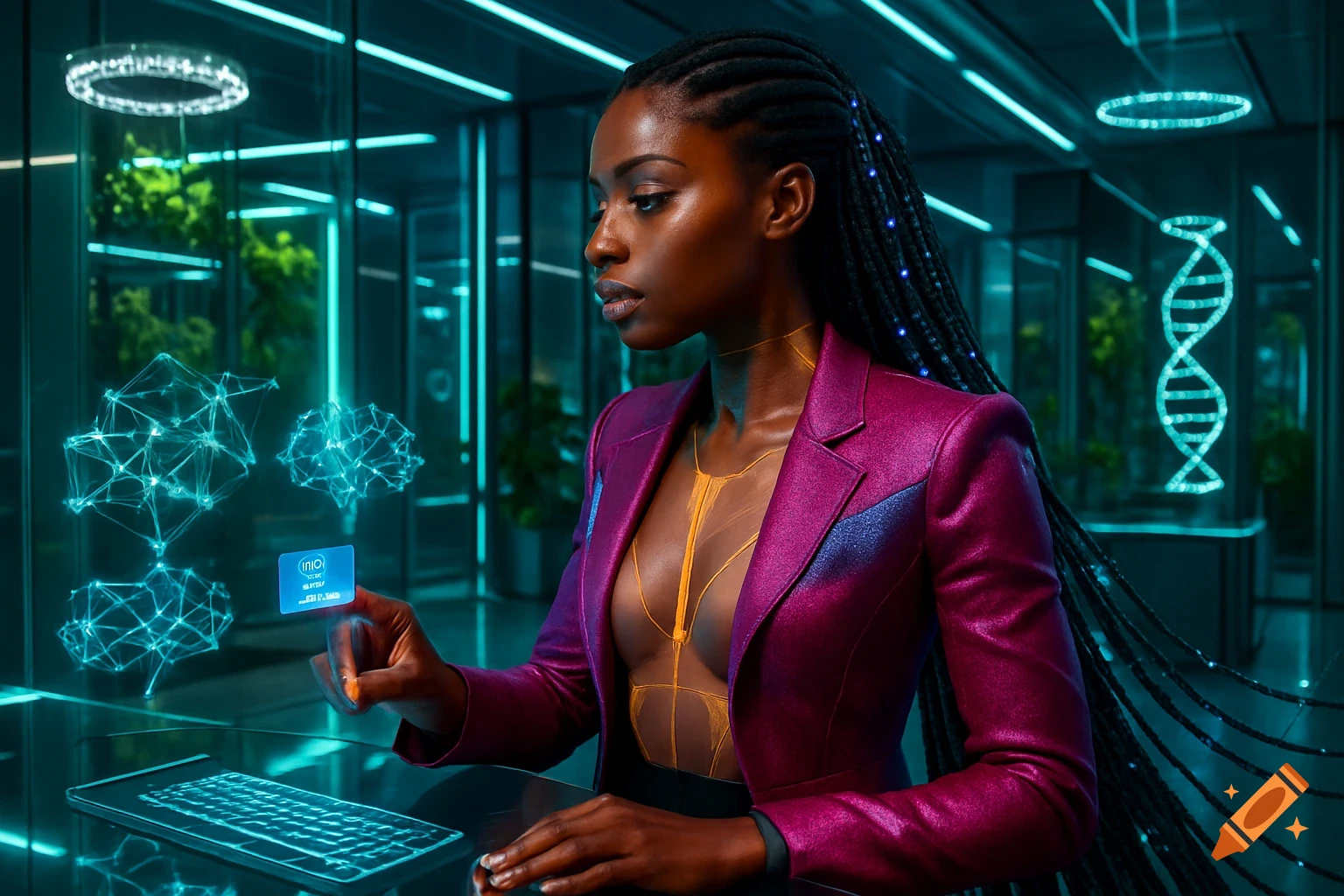 A Black woman in a futuristic fuchsia blazer interacts with a holographic interface, surrounded by glowing tech in a cyber-ambient lab.
