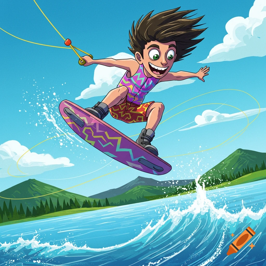 A vibrant cartoon illustration of a boy wakeskating, leaping out of the water on his board with mountains in the background.