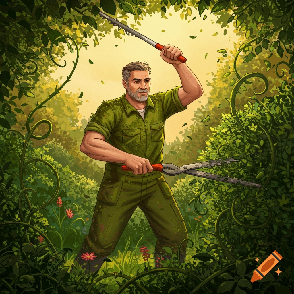 An illustrated man cuts thorny vines and weeds with hedge clippers and a long saw in a green forest.