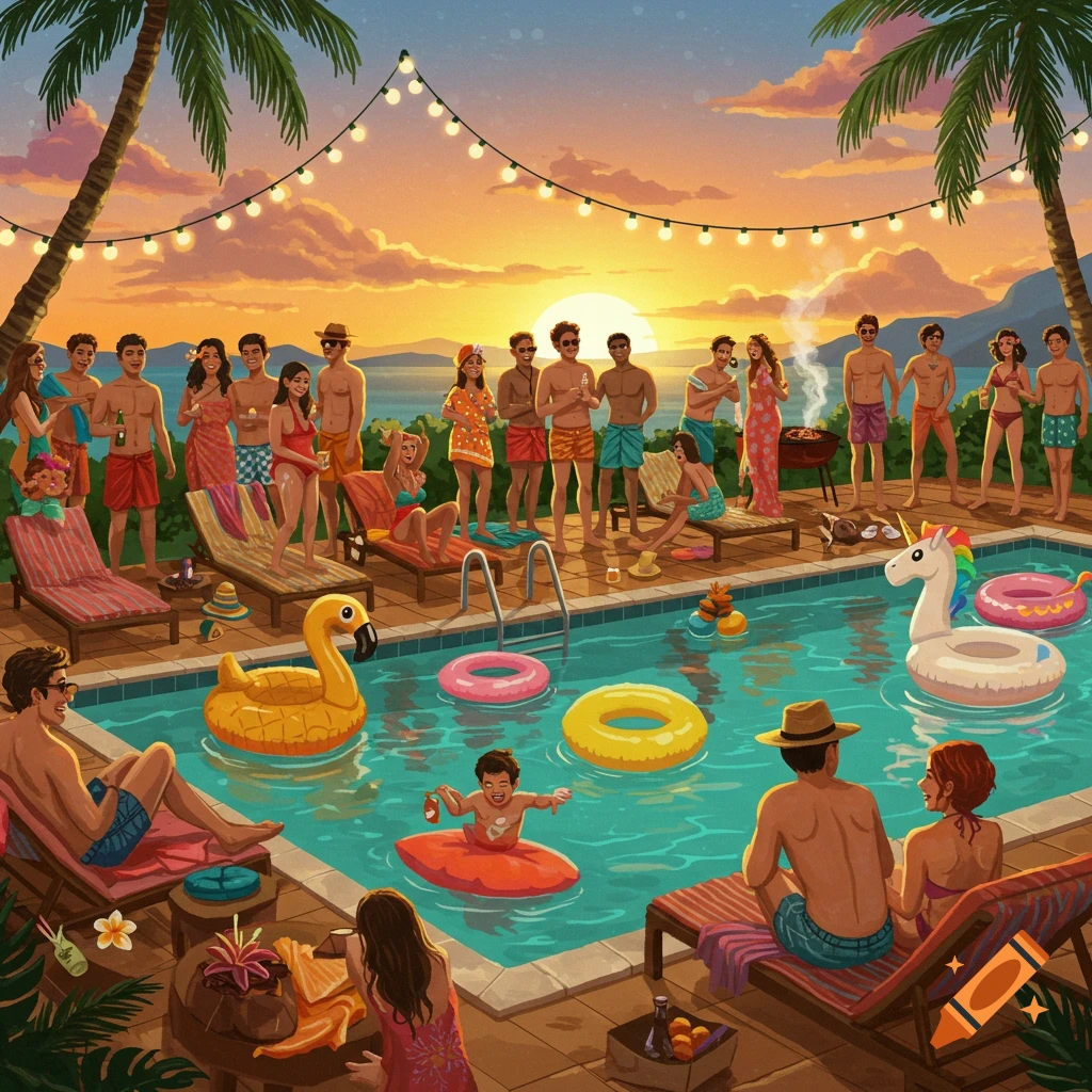 A vibrant illustration of a diverse group of people enjoying an end-of-summer pool party at sunset, with string lights and inflatables.