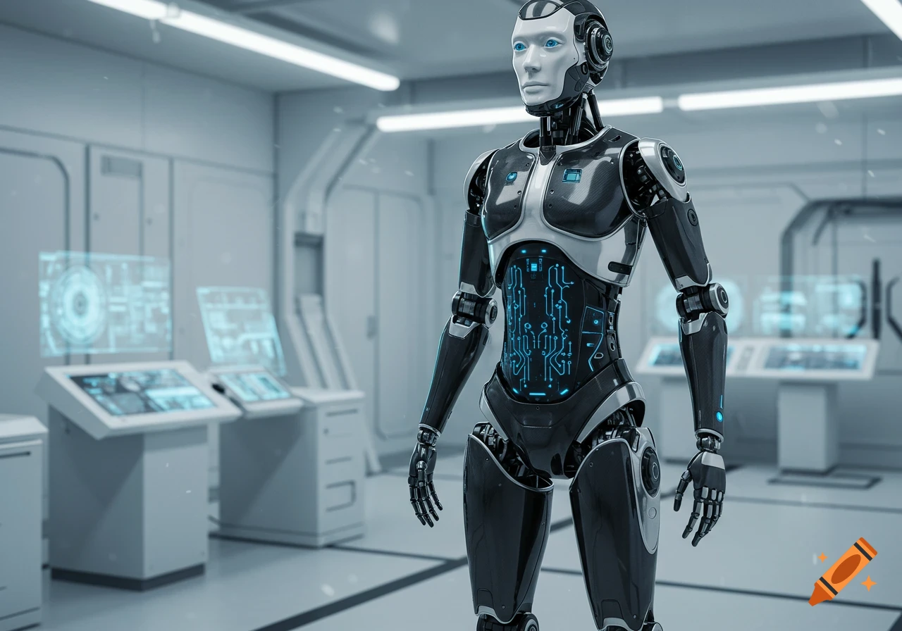 A photorealistic image of a metallic humanoid robot with glowing blue internal circuitry standing in a futuristic lab.