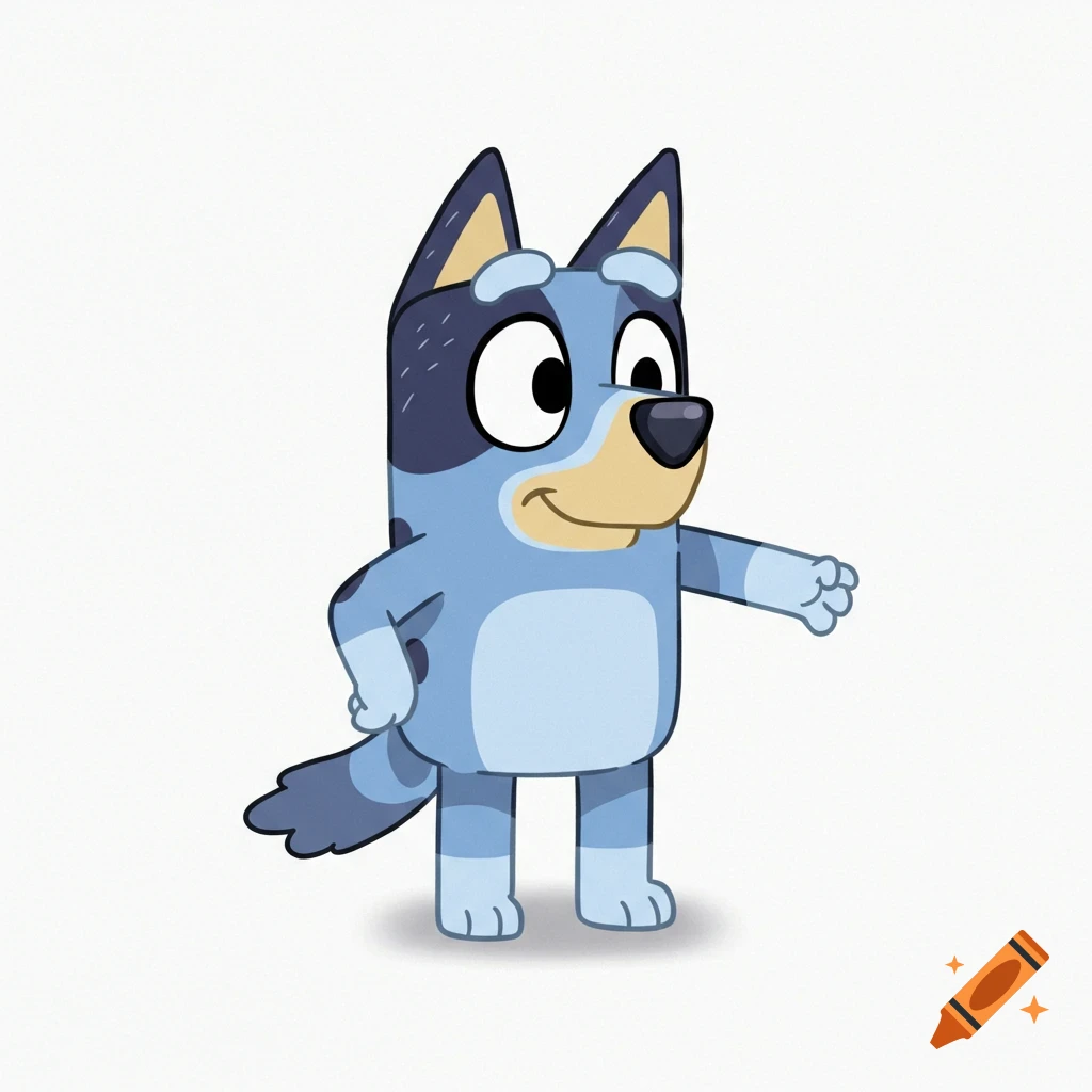 Bluey, a blue cartoon dog, stands on a white background.