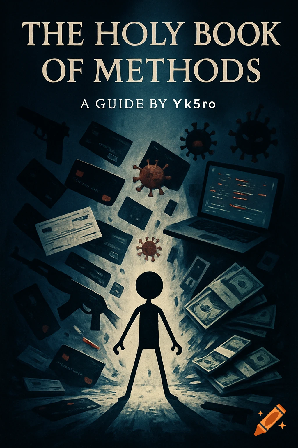 Stylized illustration of a stick figure looking up at falling money, credit cards, guns, laptops, and viruses. Text reads: 'THE HOLY BOOK OF METHODS A GUIDE BY Yk5ro'.