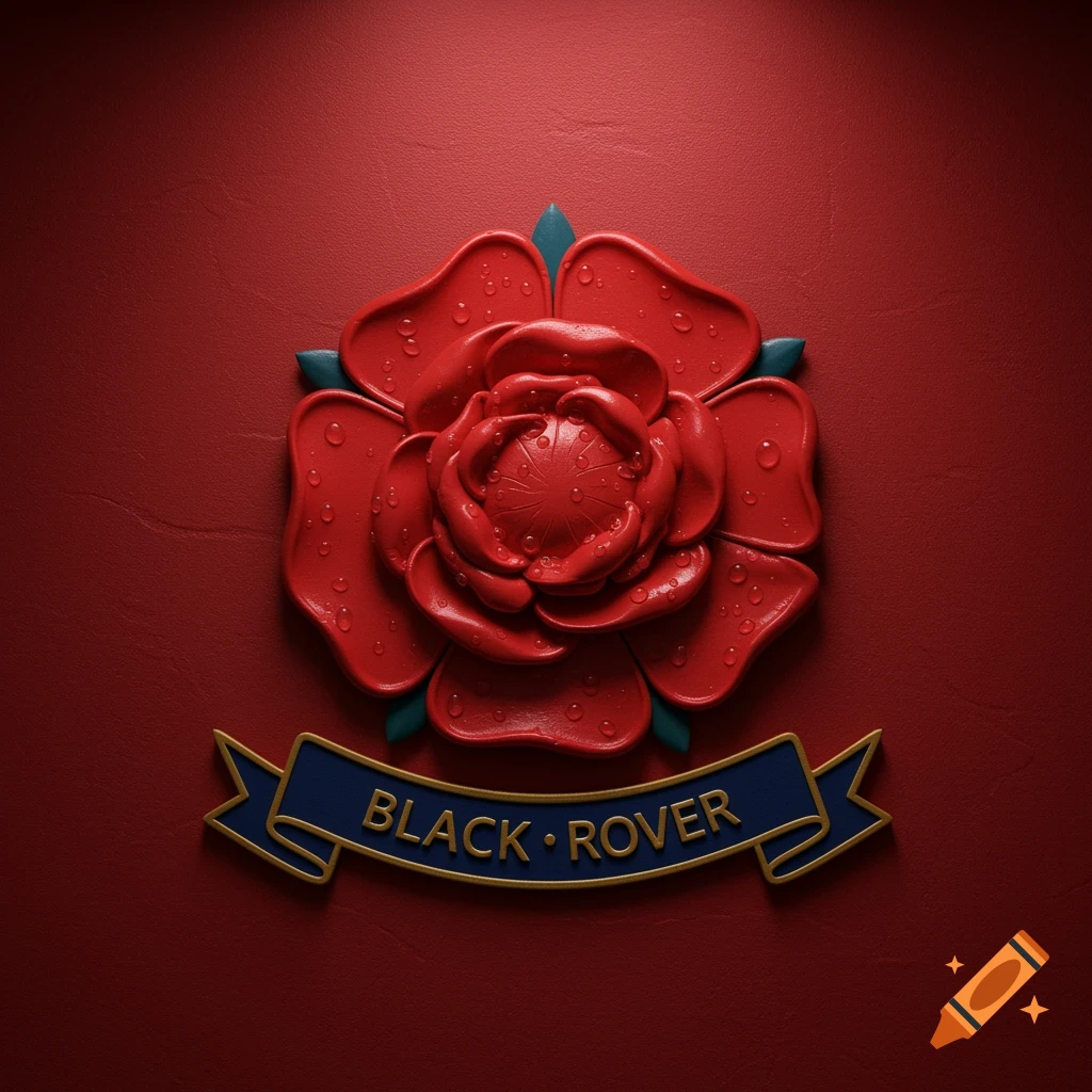 A red, relief-style rose emblem with water droplets on a deep red textured background. A blue banner below reads 'BLACK ", ROVER'.