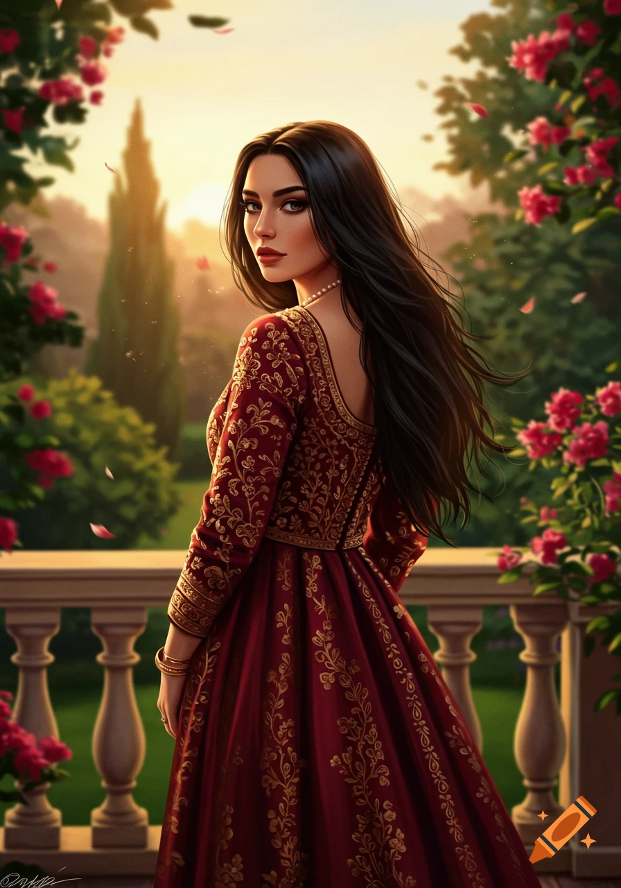 A woman with long dark hair wears an ornate red and gold dress, looking over her shoulder from a balcony in a rose garden at sunset.