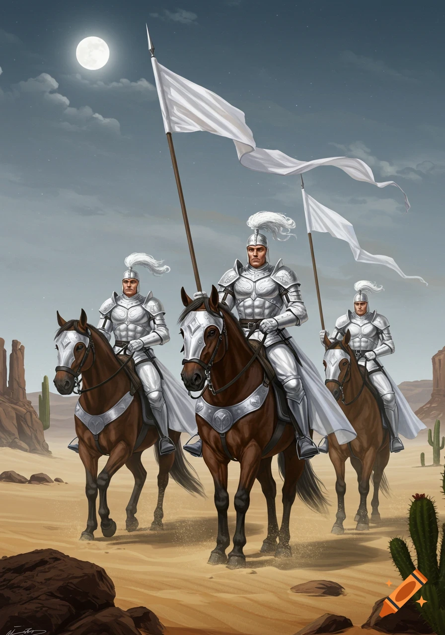 Three knights in shining white armor on horseback, carrying white flags, ride through a desert under a full moon at night.