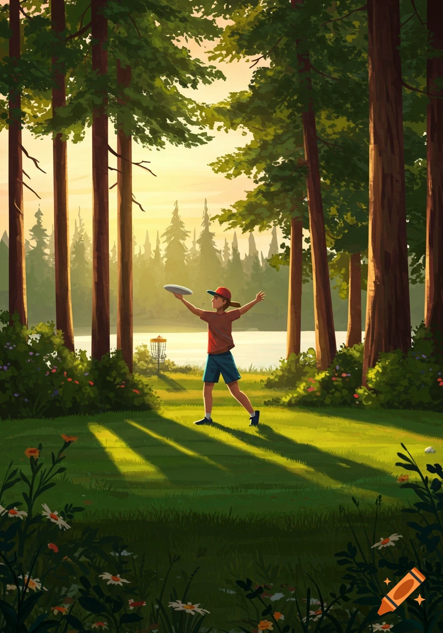 An illustrated boy throws a frisbee towards a disc golf basket in a sunny forest with tall trees and water in the background.