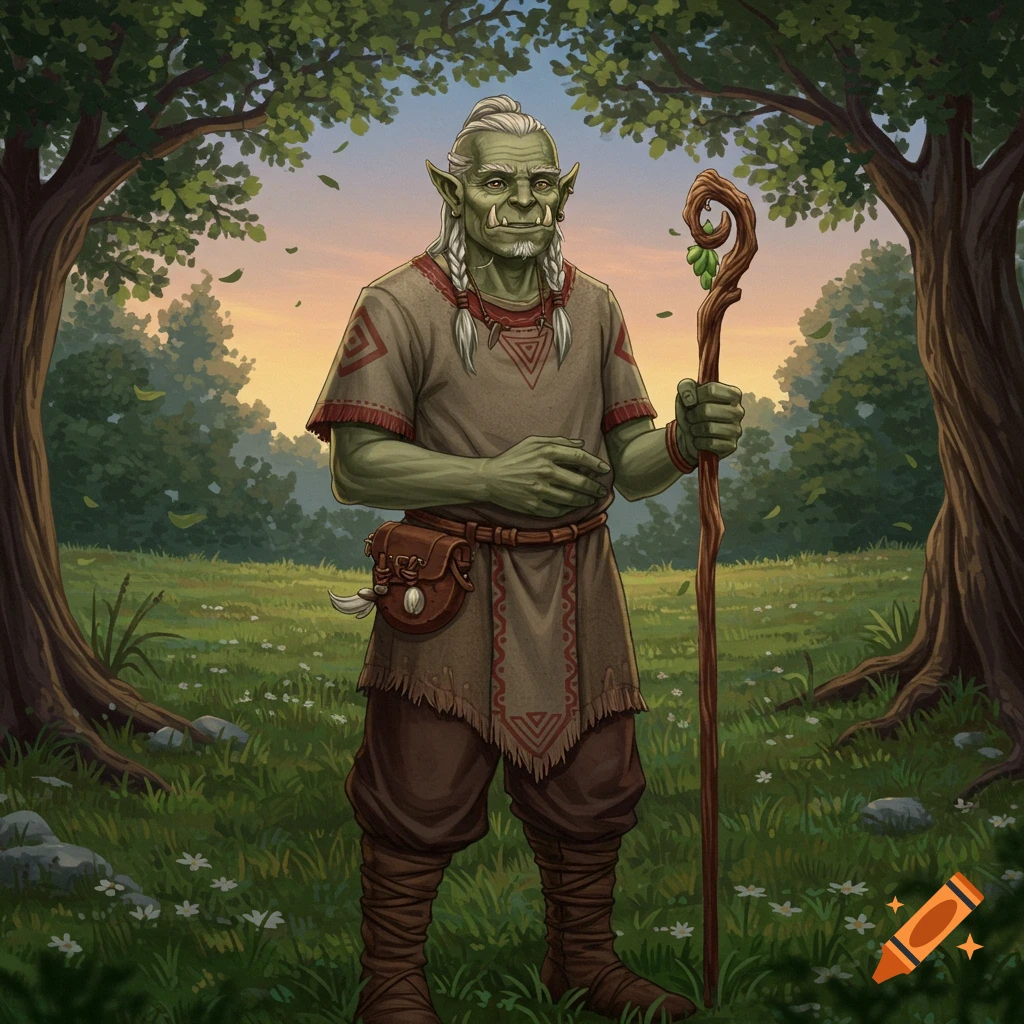 An elderly orc with white braids stands in a sunny forest clearing, holding a gnarled staff. Detailed fantasy illustration.