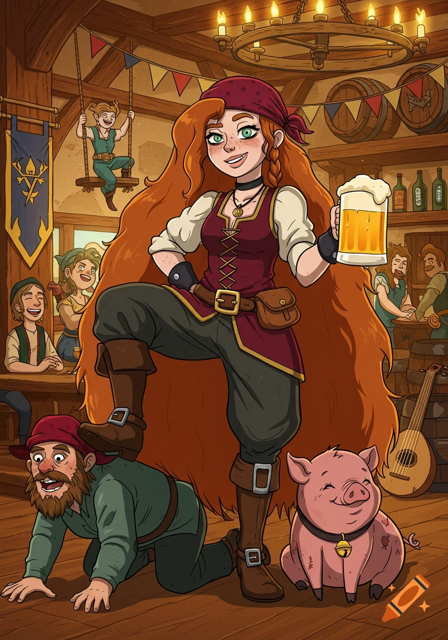 A confident red-haired woman in a medieval tavern holds a beer, her foot resting on a kneeling man, with a smiling pig and other cartoon patrons.