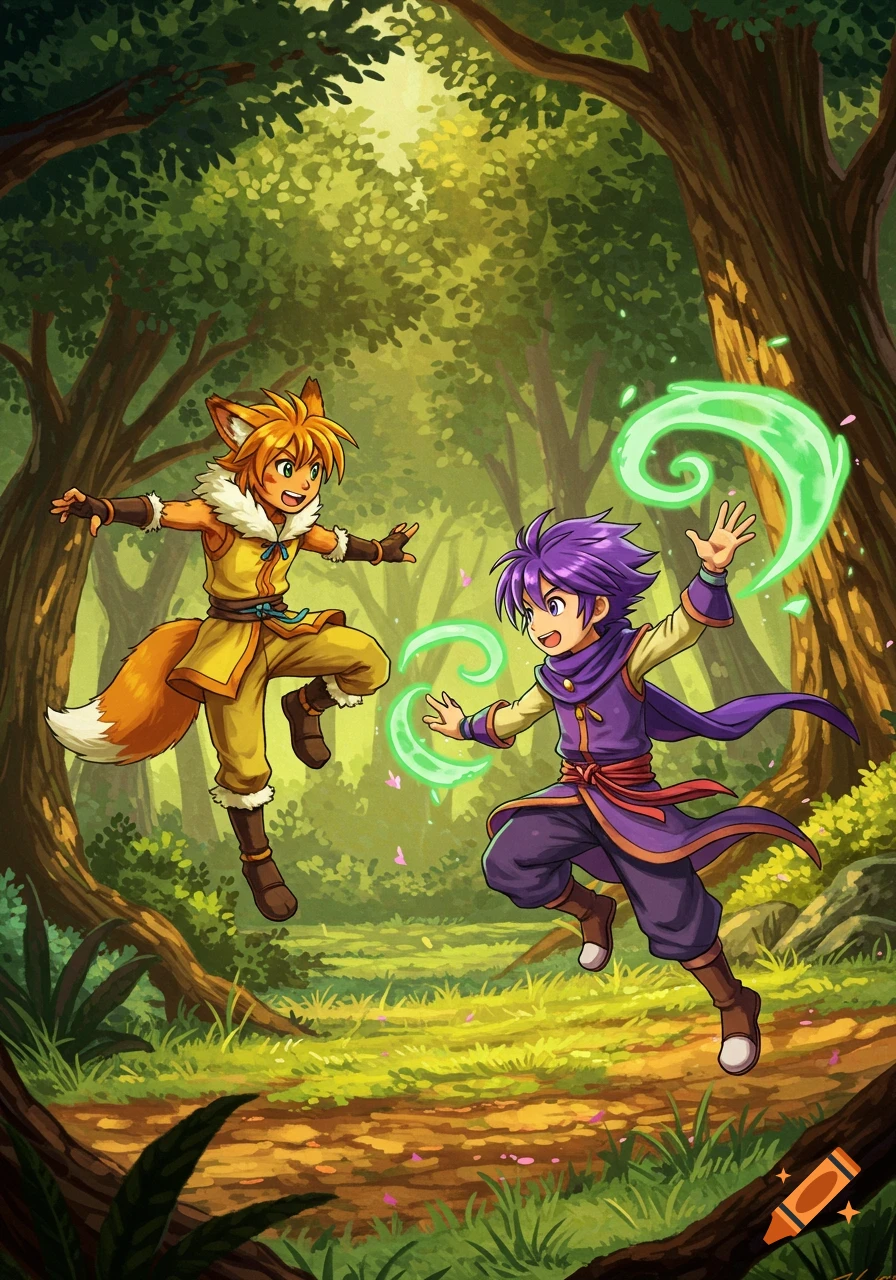 Anime illustration of a fox-like boy and a purple-haired boy sparring with green magic in a sunlit forest.