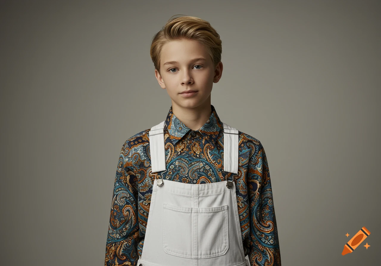 A photorealistic portrait of a blond preteen boy in a paisley shirt and white overalls.