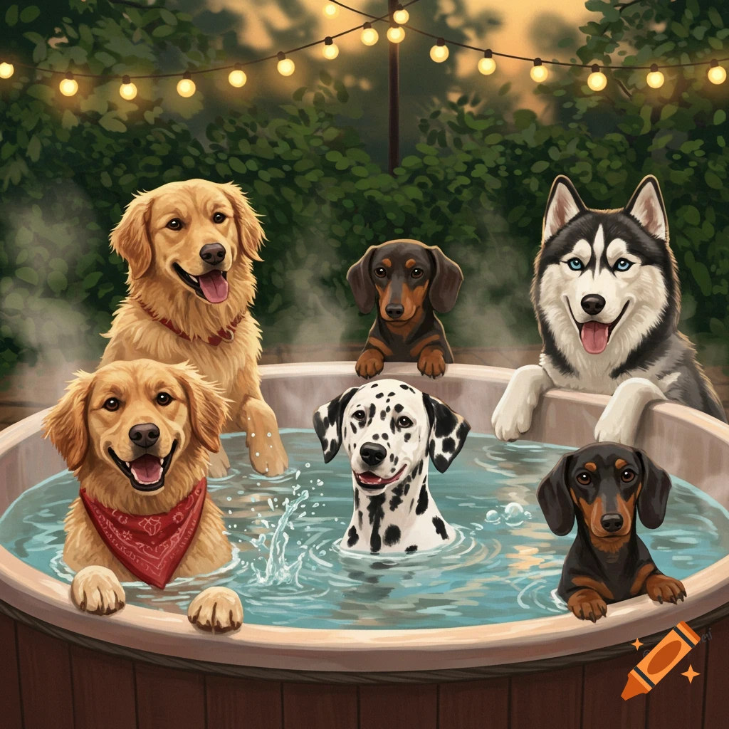 Six happy dogs of various breeds, including Golden Retrievers, a Husky, Dachshunds, and a Dalmatian, relax in a hot tub under string lights.