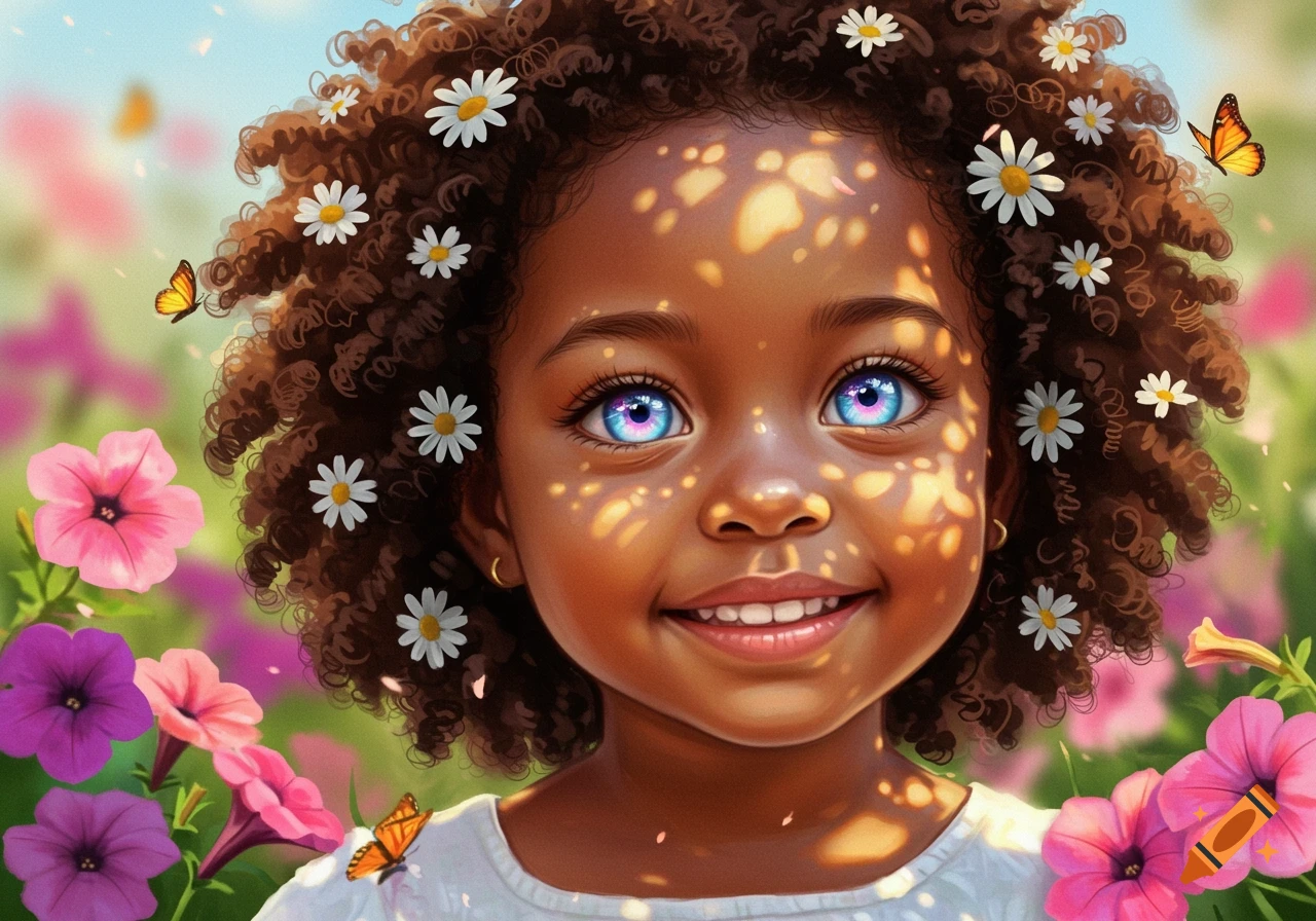 A young Black girl with daisies in her curly hair, smiling with vibrant blue and pink eyes, surrounded by flowers and butterflies.