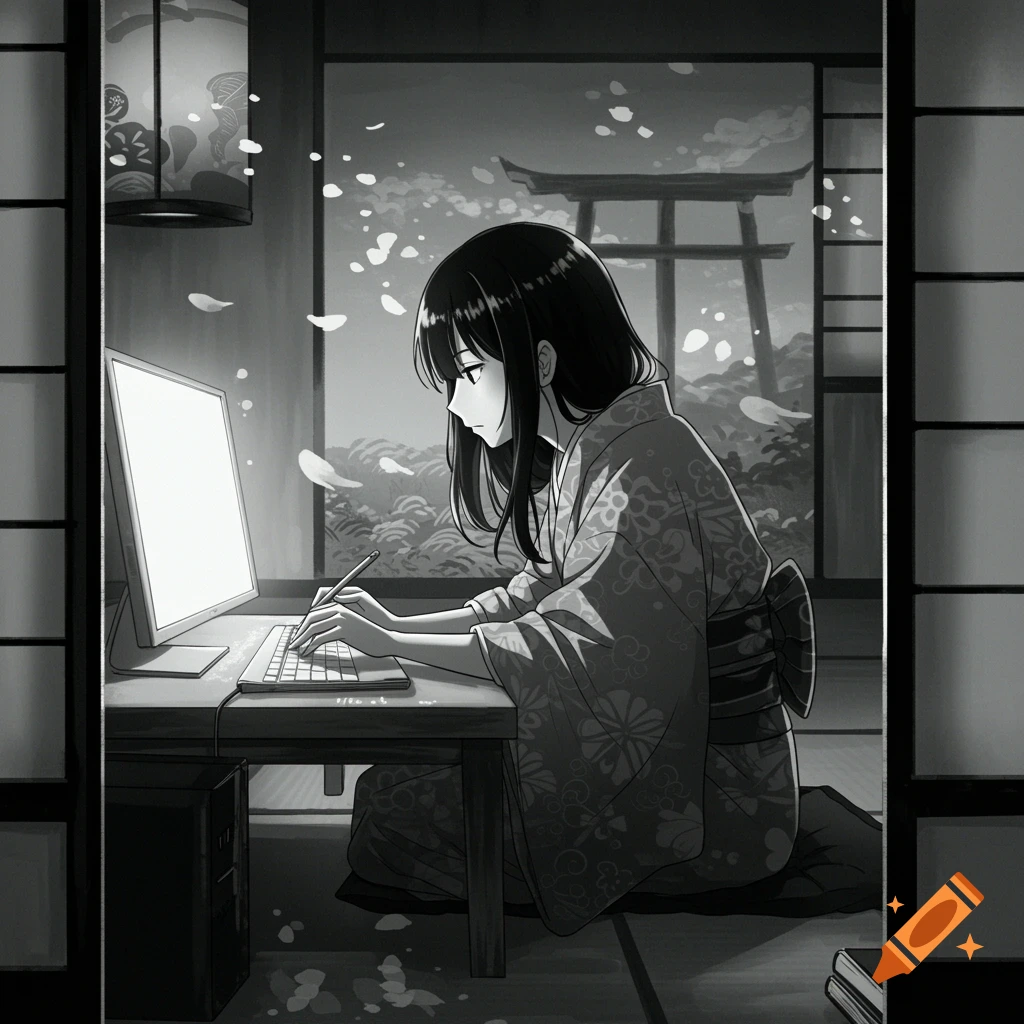 Black and white anime style illustration of a girl in a kimono working on a computer in a traditional Japanese room with a torii gate view.