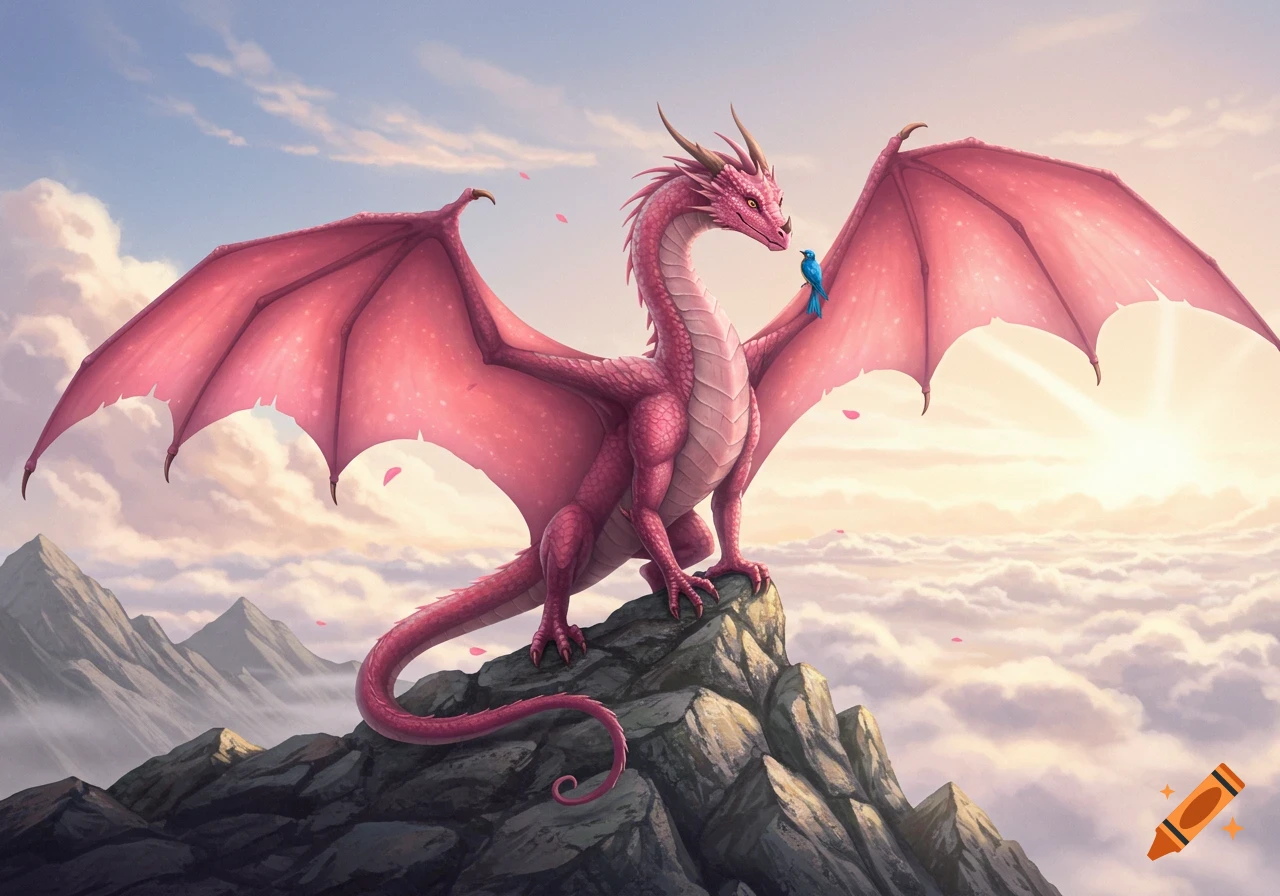 A vibrant pink dragon with large wings stands on a rocky mountain peak, a small blue bird on its wing, at sunrise above clouds.