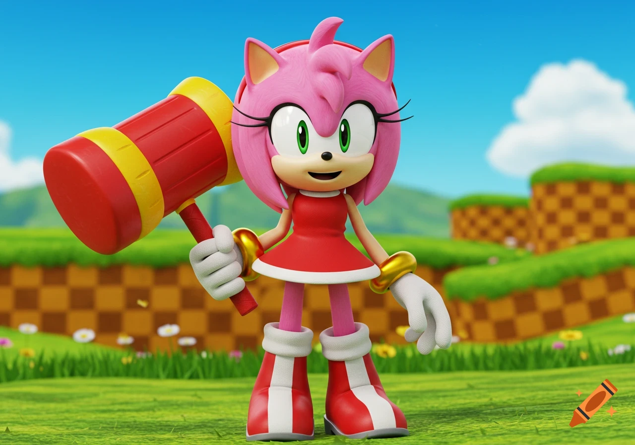 Amy Rose the hedgehog in a 3D render, standing in a green landscape with checkered hills, holding her red and yellow hammer.
