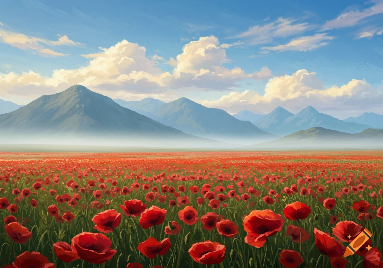 A vibrant field of red poppies stretches towards distant, misty mountains under a bright blue sky with white clouds.