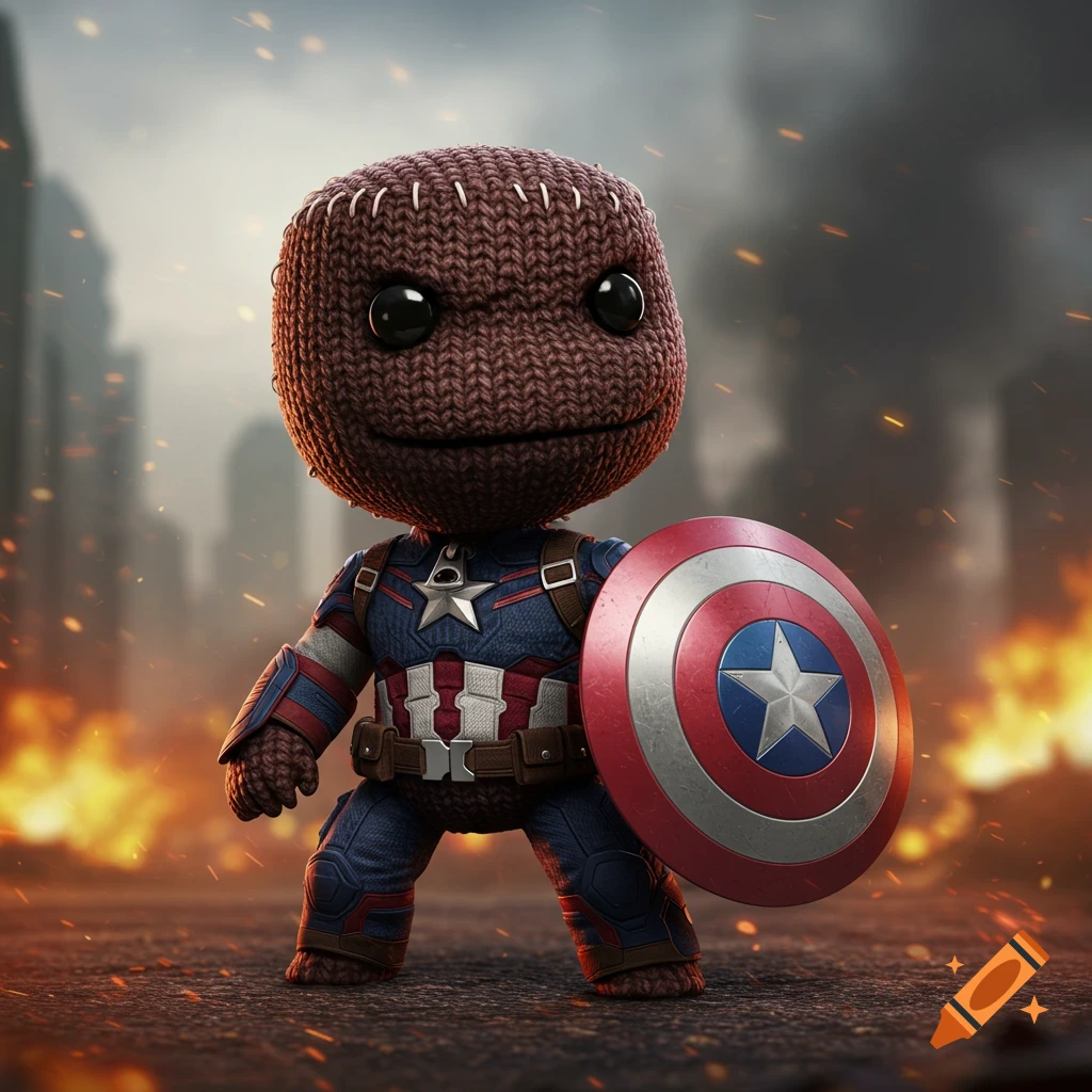 A Sackboy character dressed as Captain America stands heroically with his shield amidst a fiery, war-torn city background.