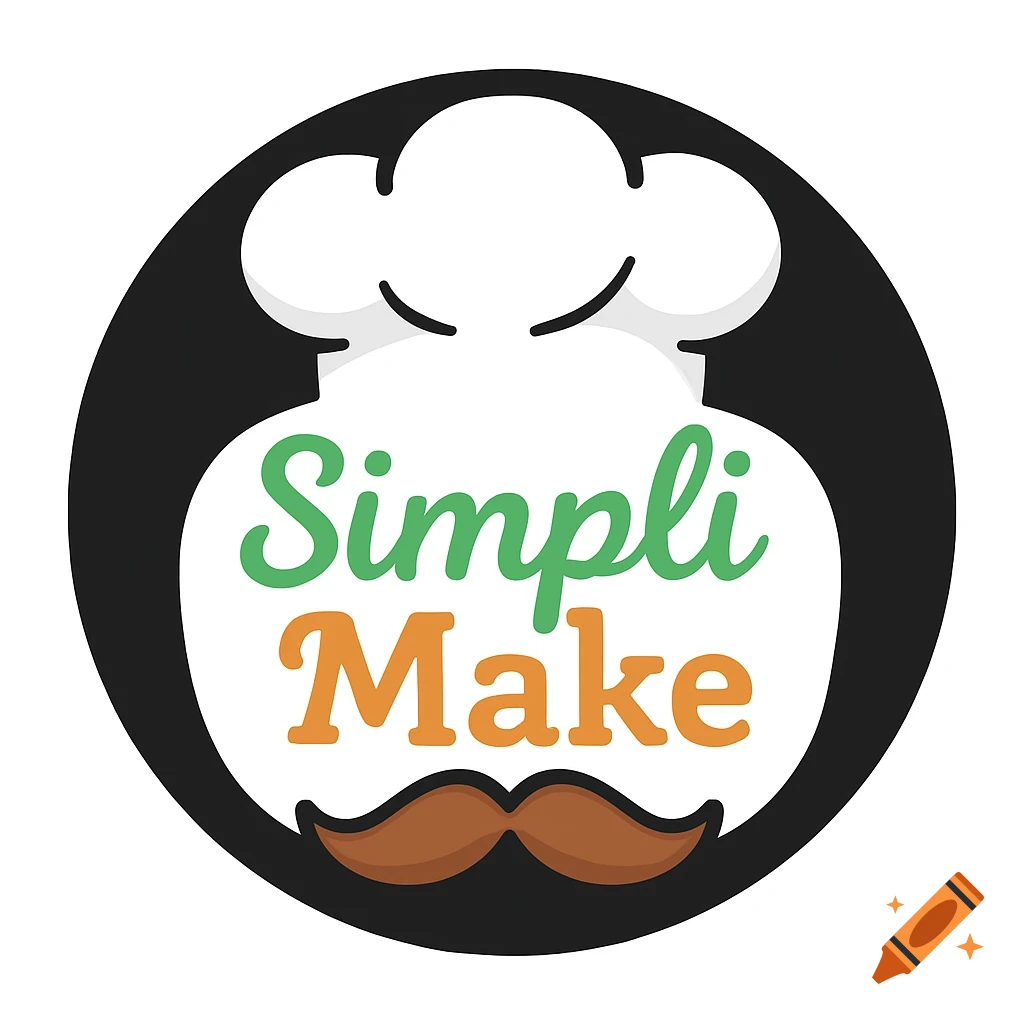 A round logo featuring a white chef's hat with black outline inside a black circle. Below the hat, the word 'Simpli' is in green script, and 'Make' is in orange block letters. Below the text is a brown mustache.