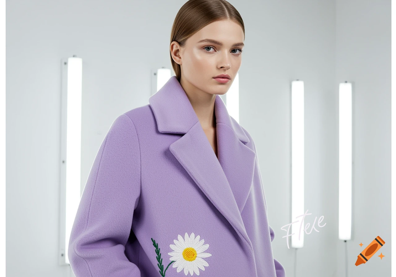 A beautiful model in a stylish lavender coat with a white daisy embroidery, in a bright studio. Photorealistic.