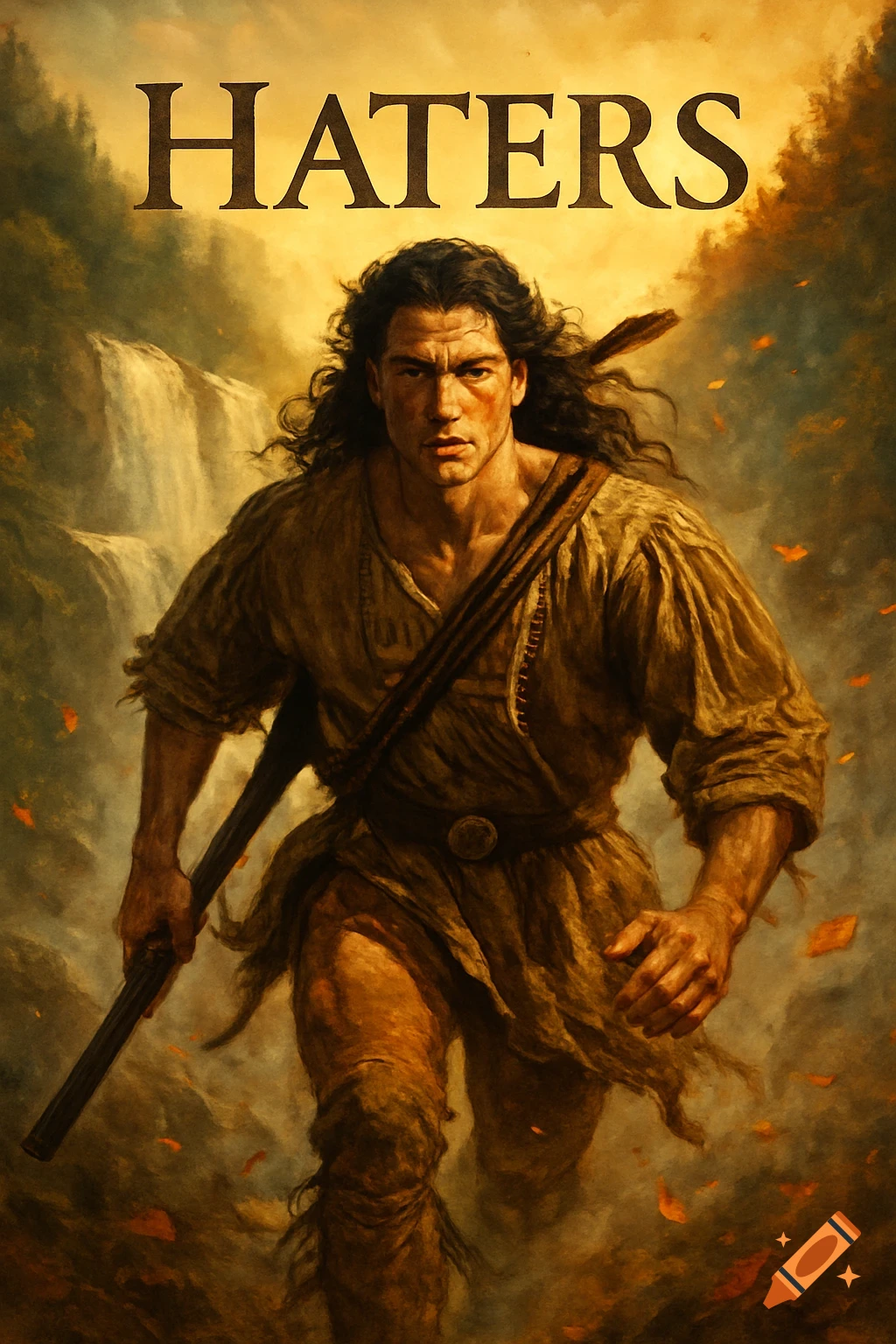 A rugged man with a rifle walks through a misty forest, with a waterfall behind him and the word "HATERS" above, in a painterly style.