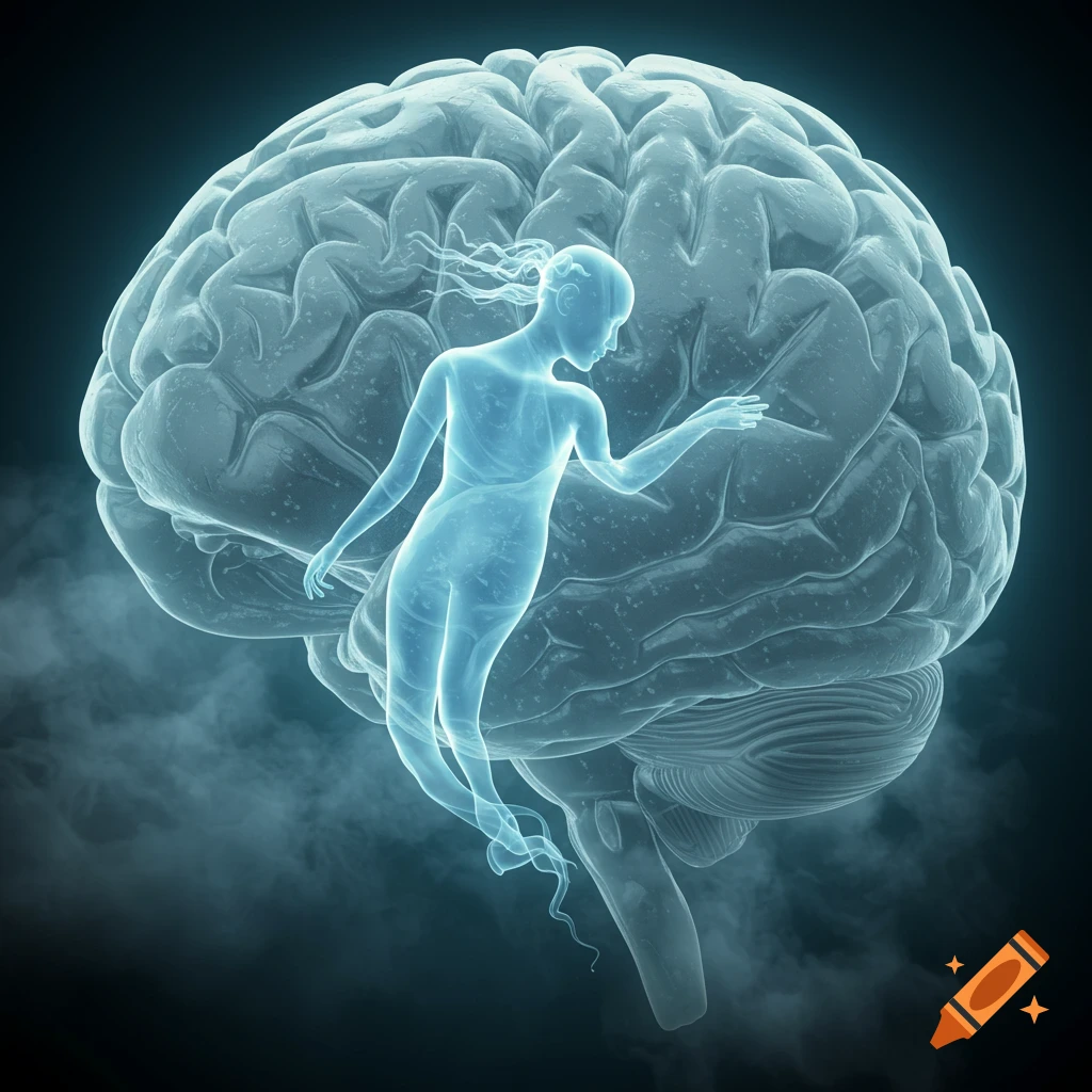 A translucent, glowing blue, ethereal figure appears to emerge from or reside within a detailed human brain, set against a dark, smoky background.