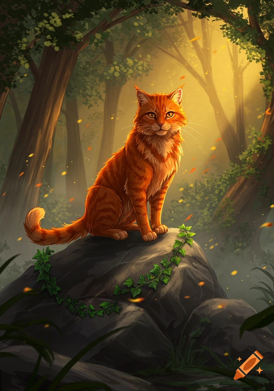 An orange tabby cat with yellow eyes sits on a large rock covered in ivy in a sunlit forest clearing, illustrated in a fantasy style.